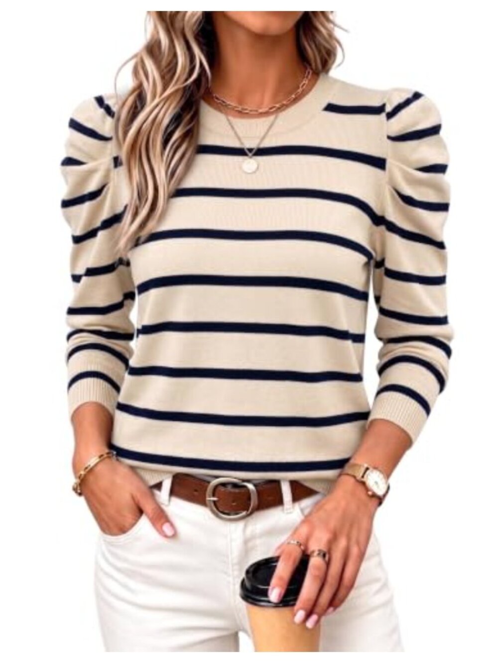 Womens Long Sleeve Puff Sleeve Knit Sweater Crew Neck Pullover